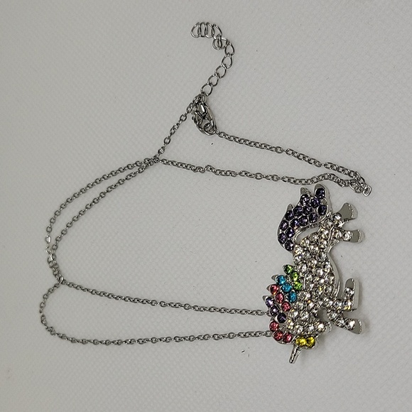 Unicorn Multi Color Rhinestone 1.5" Silver Tone 18" + 2" Ext Necklace - Picture 1 of 3